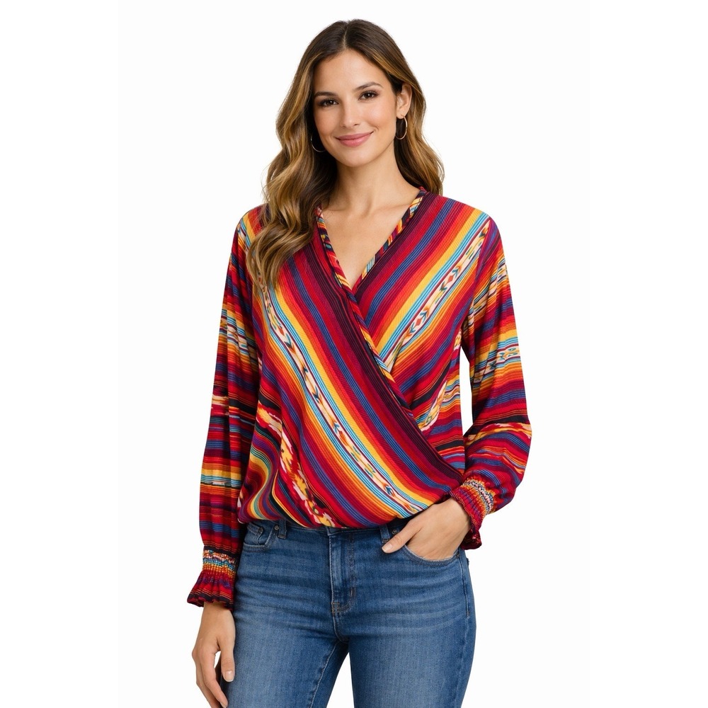 Stetson Womens Western Serape‎ Stripe Wrap Blouse Long Sleeve Rayon Top S